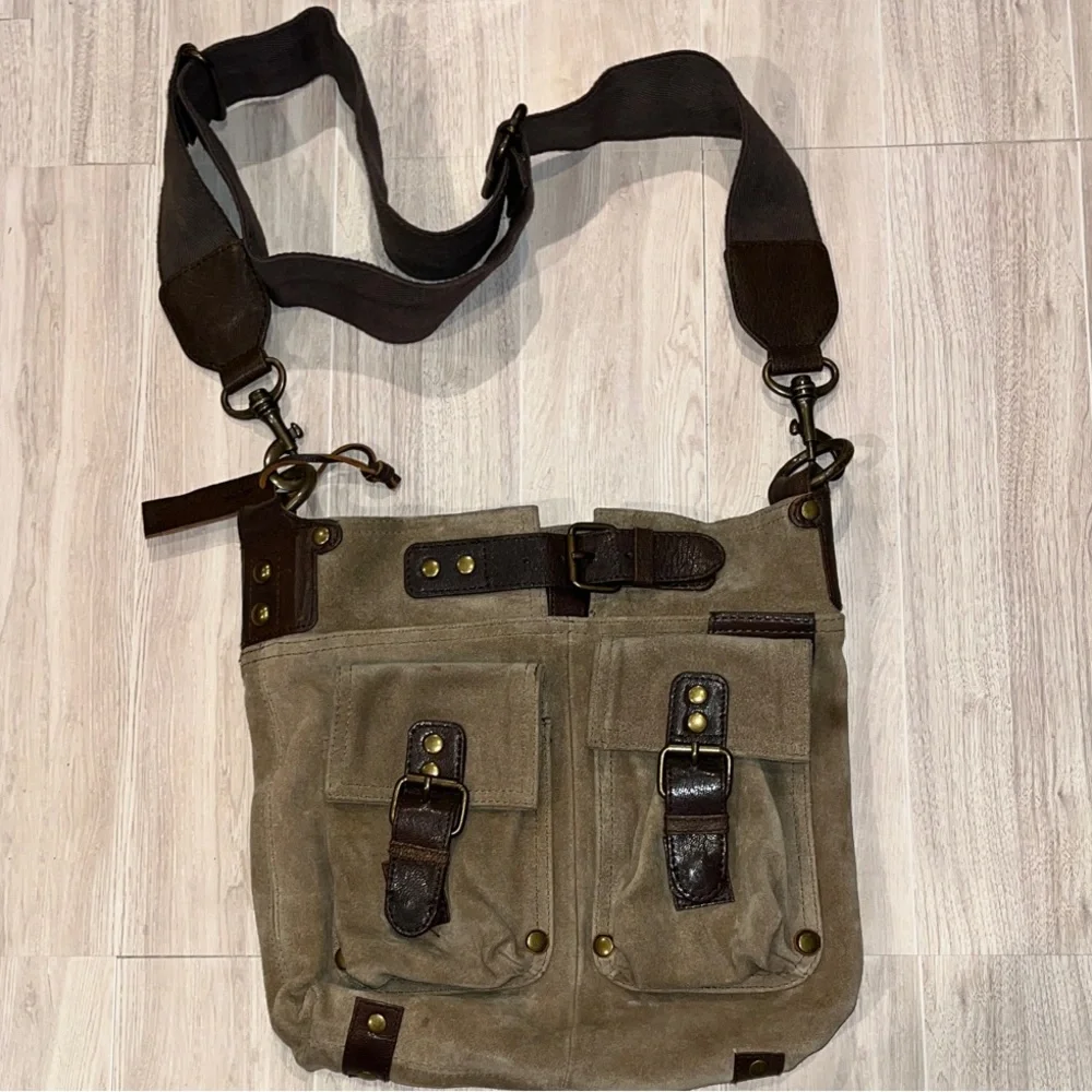 Mi Mu olive green/beige suede unisex Messenger Bag